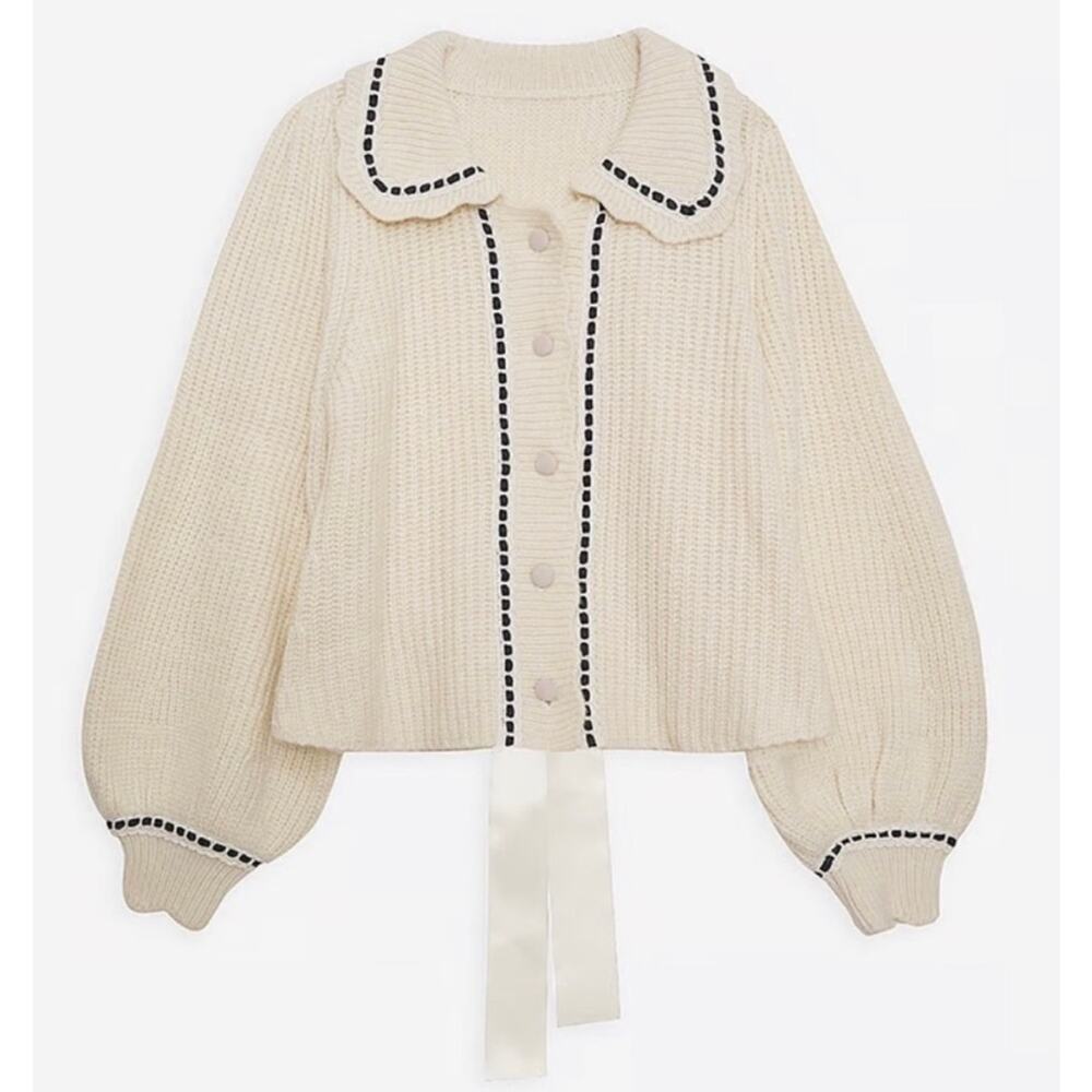For Love & Lemons Jade Cardigan Sweater Top Beige Large Chunky Knit Classy Chic - Picture 7 of 15